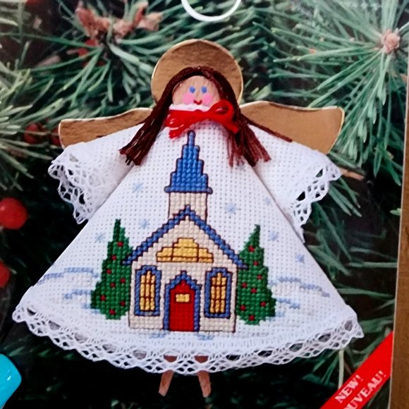 DIY - 1998 Holiday Cross Stitch Church on Clothespin Angel Gold Wings Ornament - Picture 2 of 5